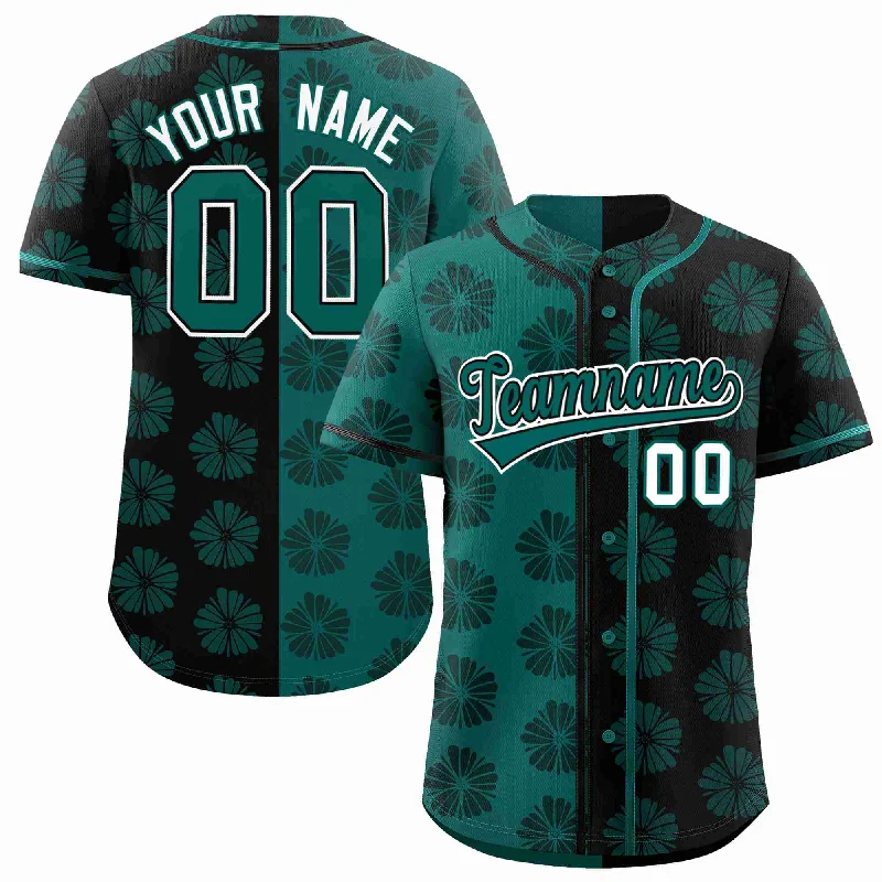 Baseball Jersey for High School Uniforms-Custom Aqua Black Split Fashion Flower Graffiti Pattern Authentic Baseball Jersey