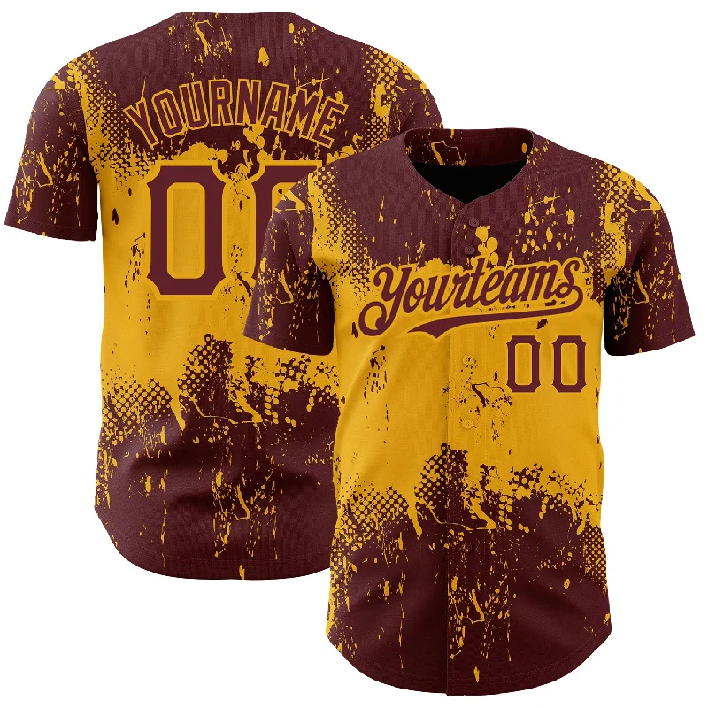 Baseball Jersey for Official Team Uniforms-Custom Burgundy Gold 3D Pattern Design Abstract Splatter Grunge Art Authentic Baseball Jersey