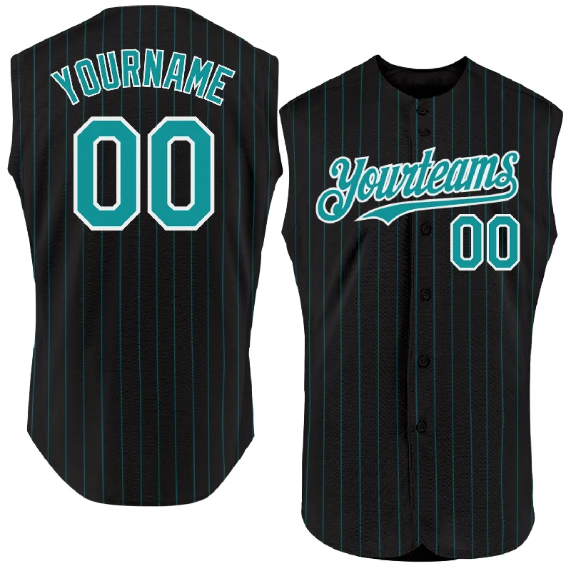 Baseball Jersey for Personalized Numbering and Names-Custom Black Teal Pinstripe White Authentic Sleeveless Baseball Jersey