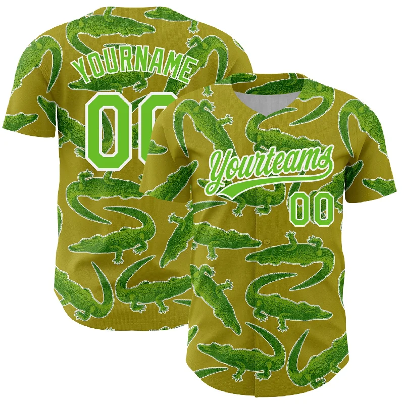 Baseball Jersey for High-Quality Fit and Design-Custom Olive Aurora Green-White 3D Pattern Design Crocodile Authentic Baseball Jersey