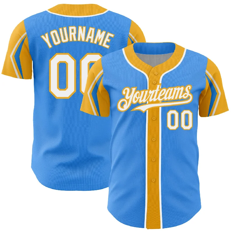 Baseball Jersey for Durable and Breathable Fabric-Custom Electric Blue White-Gold 3 Colors Arm Shapes Authentic Baseball Jersey