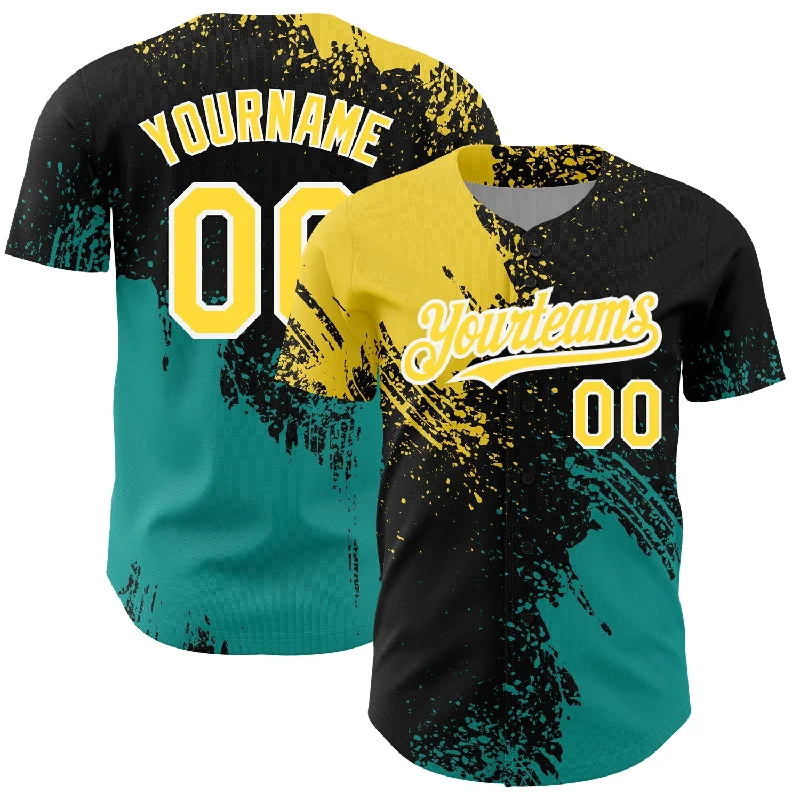 Baseball Jersey for Retro Baseball Look-Custom Black Yellow-Teal 3D Pattern Design Abstract Brush Stroke Authentic Baseball Jersey