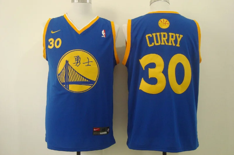 Basketball Jersey for Kids-Warriors 30 Stephen Curry Blue Chinese Swingman Basketball Jersey