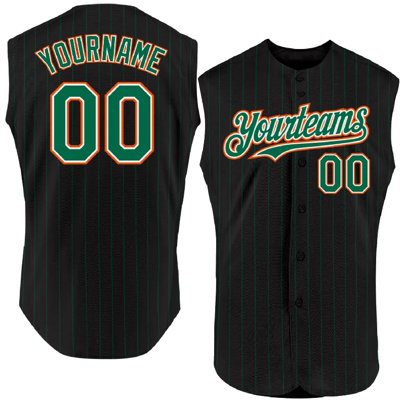 Baseball Jersey for Softball and Baseball Wear-Custom Black Kelly Green Pinstripe White-Orange Authentic Sleeveless Baseball Jersey