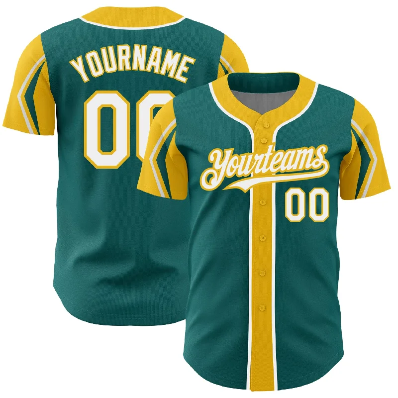 Baseball Jersey for Comfortable Youth Fit-Custom Teal White-Yellow 3 Colors Arm Shapes Authentic Baseball Jersey