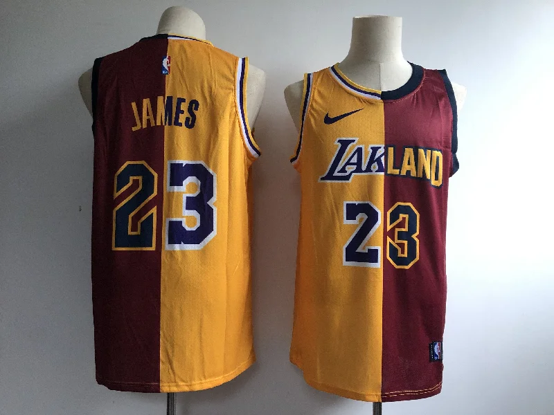 Basketball Jersey for Lightweight Design for All Ages-Lakers 23 Lebron James Gold Burgundy Split Swingman Basketball Jersey