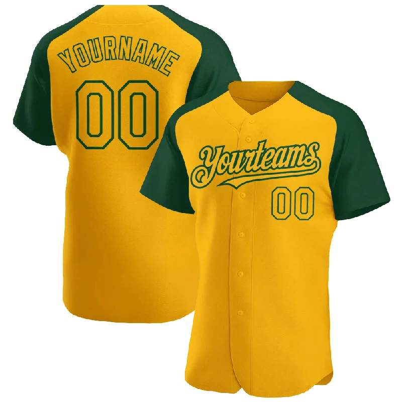 Baseball Jersey for Youth Customization-Custom Gold Green Authentic Raglan Sleeves Baseball Jersey