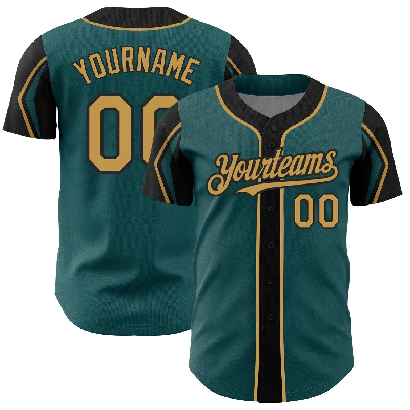 Baseball Jersey for Game Day Customization-Custom Midnight Green Old Gold-Black 3 Colors Arm Shapes Authentic Baseball Jersey