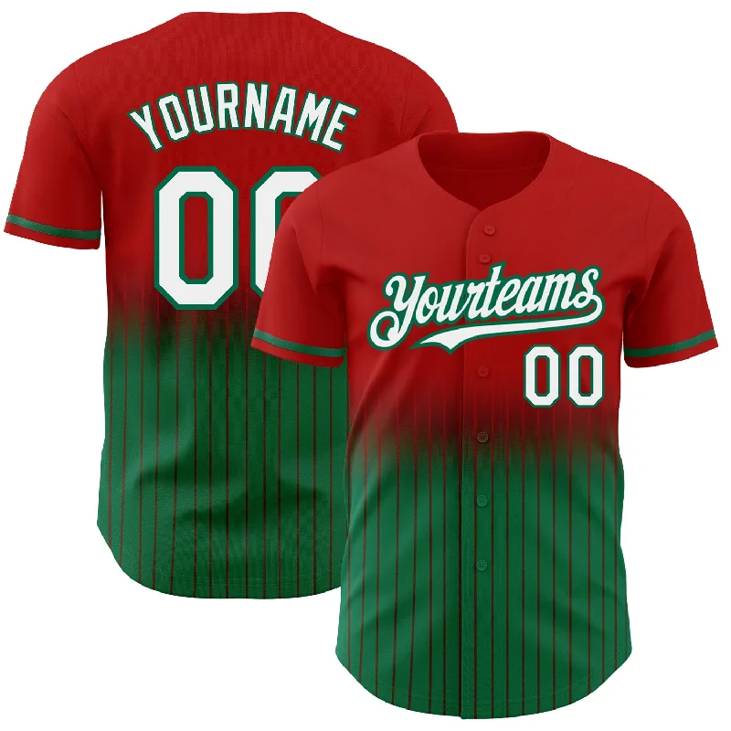 Baseball Jersey for Baseball Fan Apparel-Custom Red Pinstripe White-Kelly Green Authentic Fade Fashion Baseball Jersey