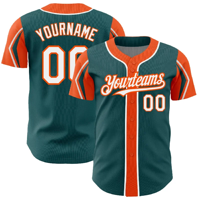 Baseball Jersey for Fun and Unique Custom Designs-Custom Midnight Green White-Orange 3 Colors Arm Shapes Authentic Baseball Jersey