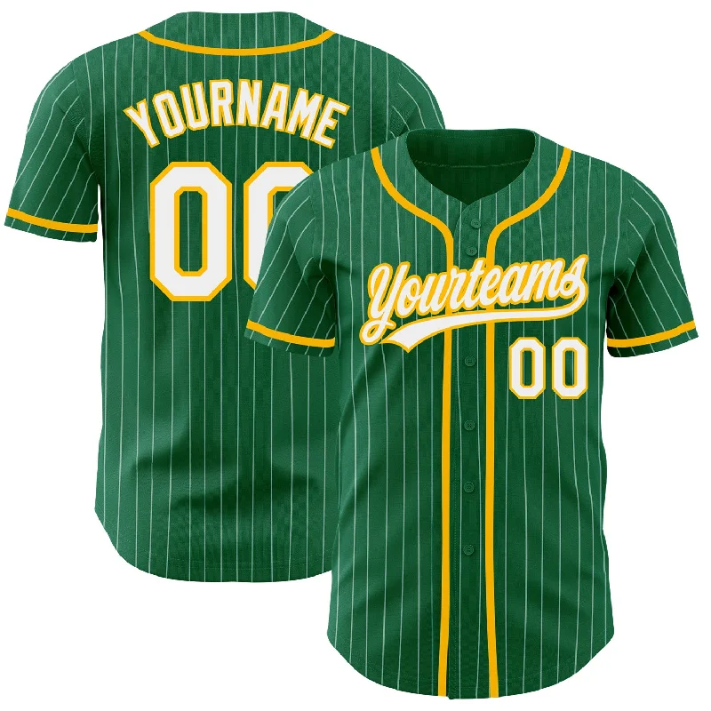 Baseball Jersey for Casual Team Support Apparel-Custom Kelly Green White Pinstripe Gold Authentic Baseball Jersey