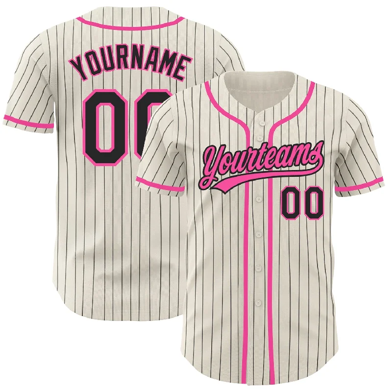 Baseball Jersey for Youth Customization-Custom Cream Black Pinstripe Pink Authentic Baseball Jersey