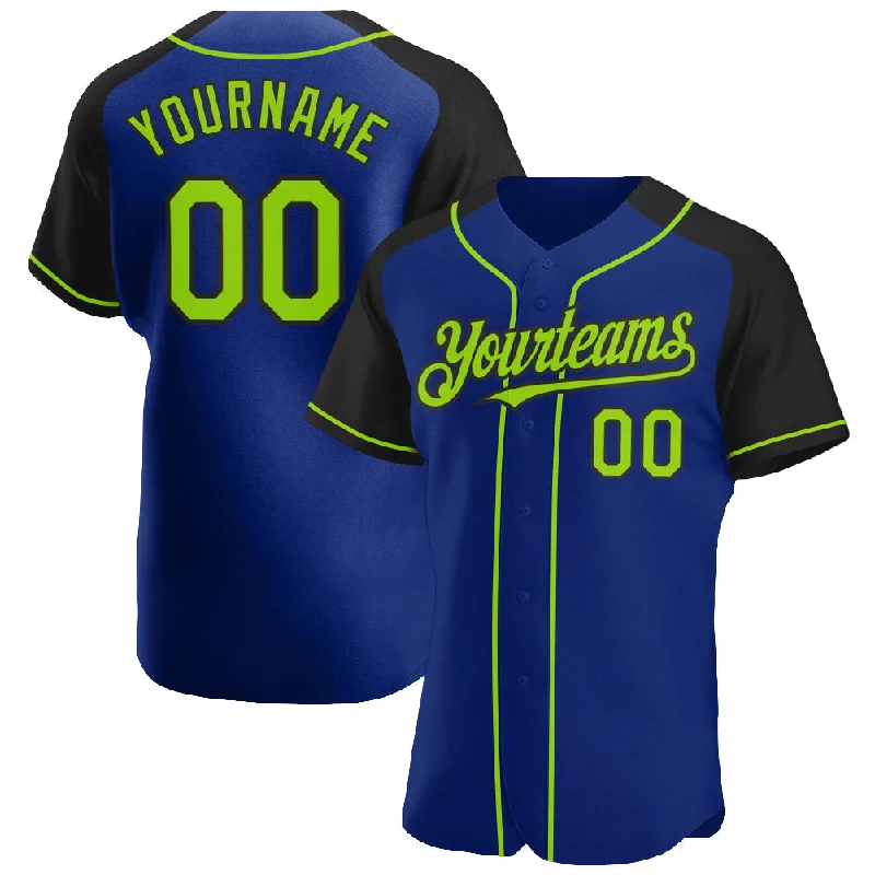 Baseball Jersey for Comfortable Fit for Adults-Custom Royal Neon Green-Black Authentic Raglan Sleeves Baseball Jersey