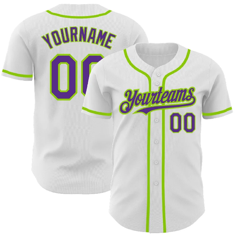 Baseball Jersey for Customizable Player Names-Custom White Purple-Neon Green Authentic Baseball Jersey