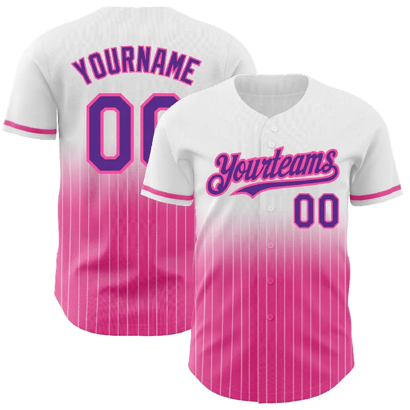 Baseball Jersey for Team Customization-Custom White Pinstripe Purple-Pink Authentic Fade Fashion Baseball Jersey