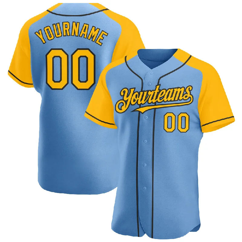 Baseball Jersey for Custom Team Apparel-Custom Light Blue Gold-Black Authentic Raglan Sleeves Baseball Jersey