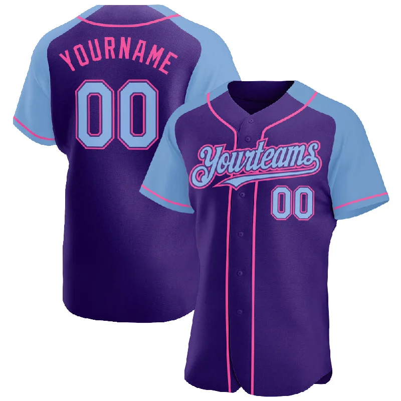 Baseball Jersey for High School Uniforms-Custom Purple Light Blue-Pink Authentic Raglan Sleeves Baseball Jersey