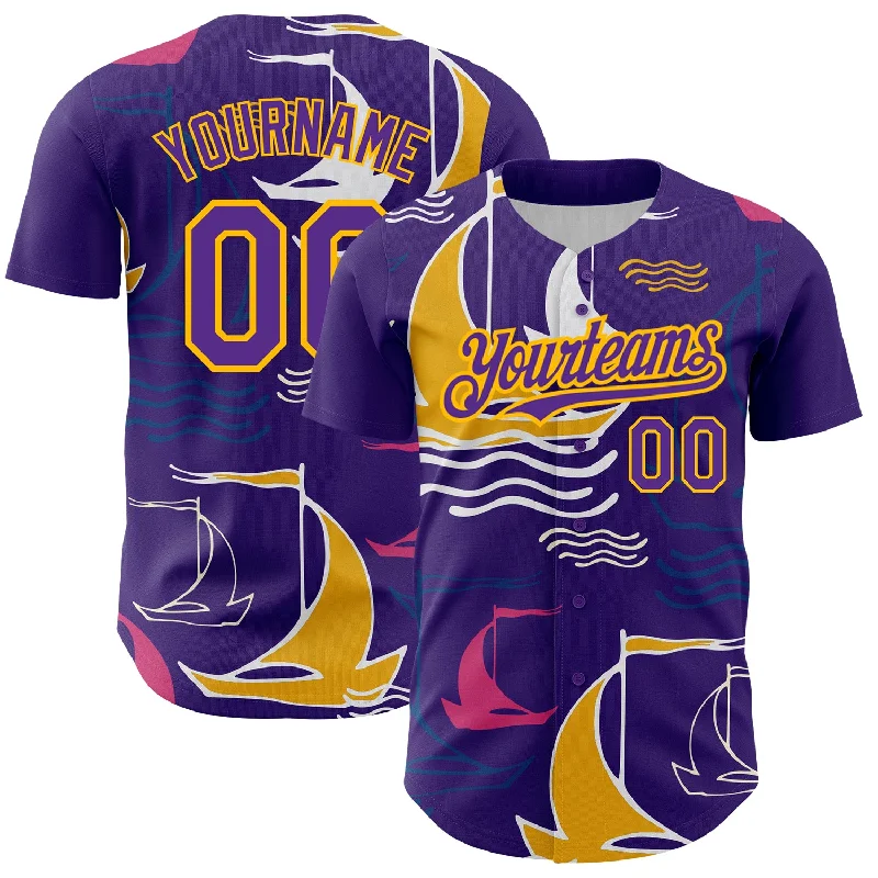 Baseball Jersey for Custom Colors-Custom Purple Gold 3D Pattern Design Sailing Boats Authentic Baseball Jersey