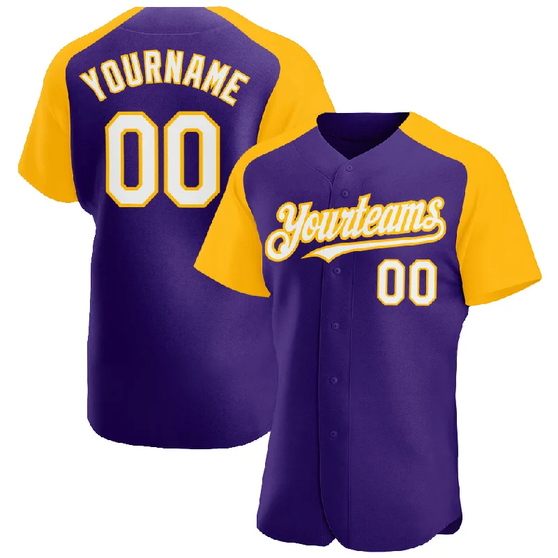 Baseball Jersey for High-School Sports Apparel-Custom Purple White-Gold Authentic Raglan Sleeves Baseball Jersey