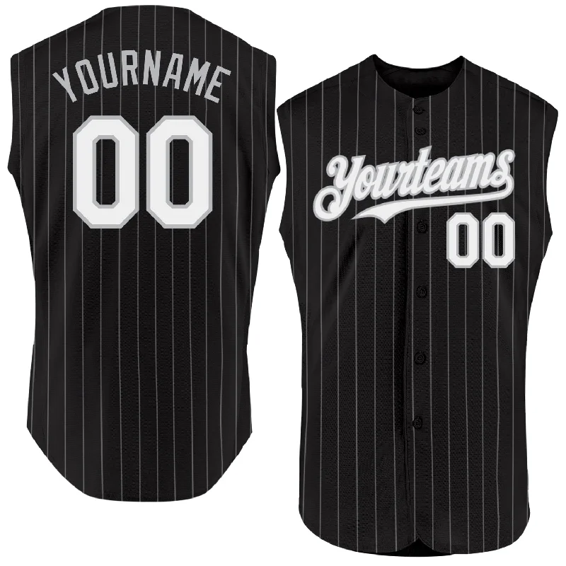 Baseball Jersey for Baseball Training Gear-Custom Black Gray Pinstripe White Authentic Sleeveless Baseball Jersey