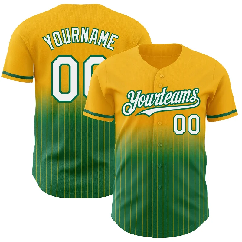 Baseball Jersey for Performance Fit-Custom Gold Pinstripe White-Kelly Green Authentic Fade Fashion Baseball Jersey