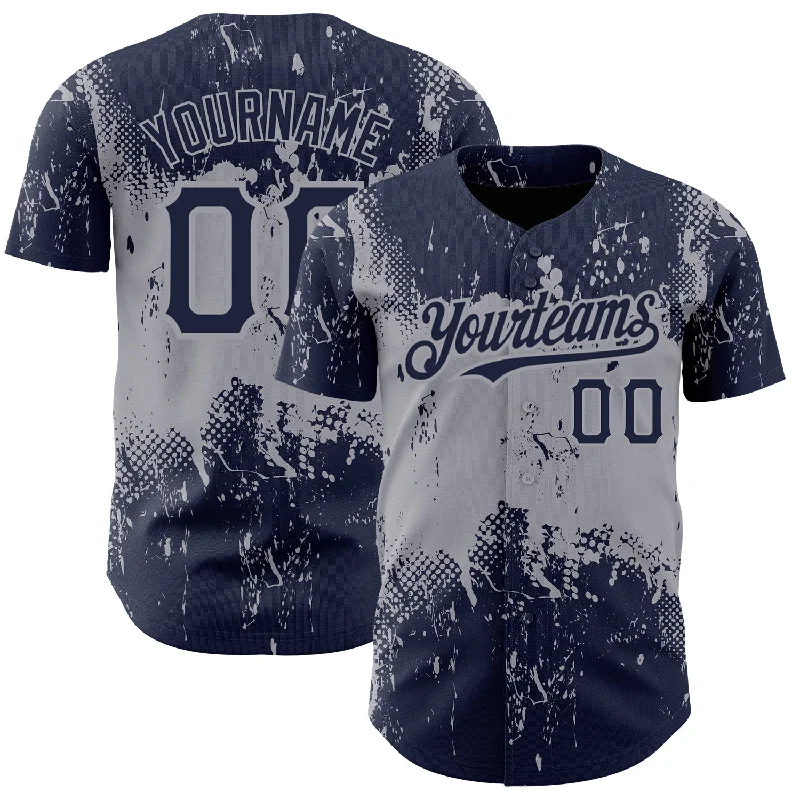 Baseball Jersey for Batting and Fielding Gear-Custom Navy Gray 3D Pattern Design Abstract Splatter Grunge Art Authentic Baseball Jersey