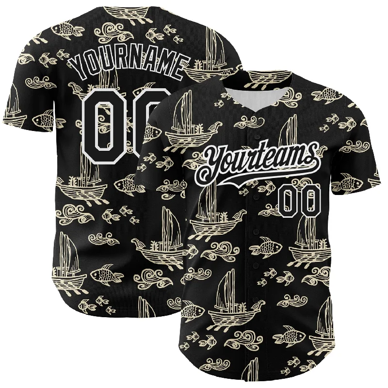 Baseball Jersey for Stylish Uniform Designs-Custom Black White 3D Pattern Design Boats And Fish Authentic Baseball Jersey