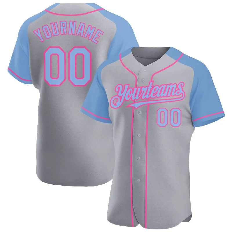 Baseball Jersey for Comfortable Cotton Fabric-Custom Gray Light Blue-Pink Authentic Raglan Sleeves Baseball Jersey