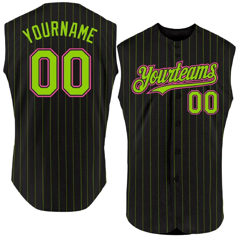 Baseball Jersey for Professional Team Jersey Design-Custom Black Neon Green Pinstripe Light Blue Authentic Sleeveless Baseball Jersey