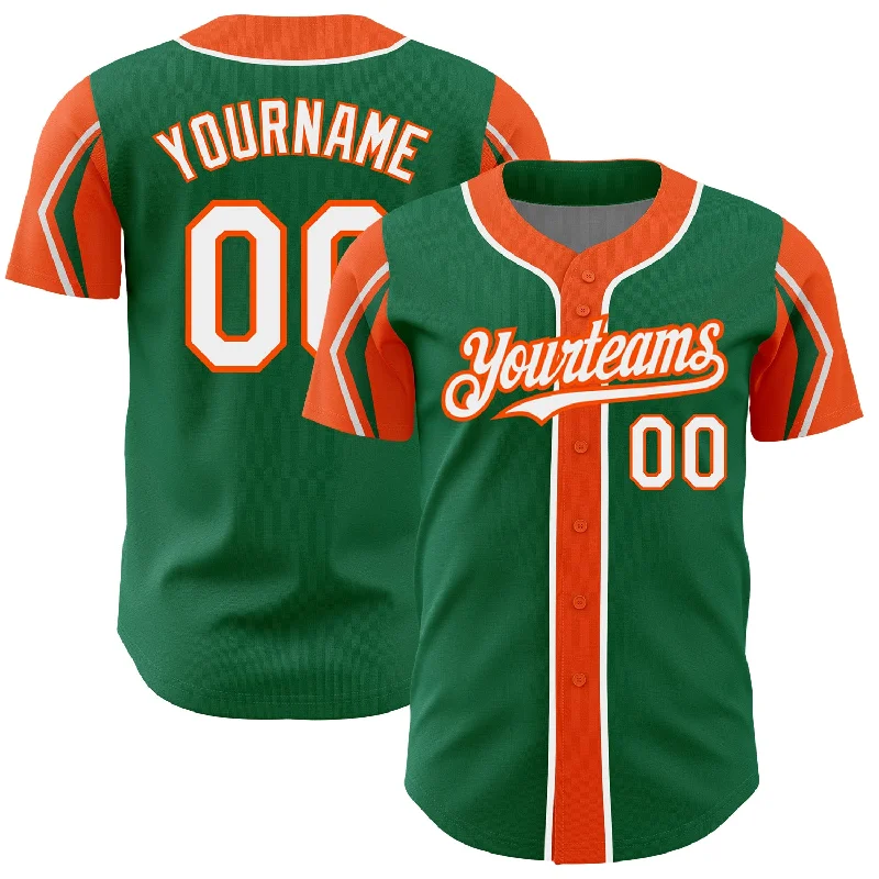 Baseball Jersey for Young Baseball Enthusiasts-Custom Kelly Green White-Orange 3 Colors Arm Shapes Authentic Baseball Jersey