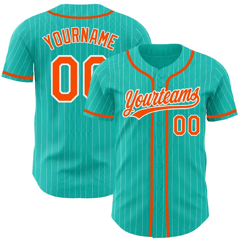 Baseball Jersey for Baseball Game Gear-Custom Aqua White Pinstripe Orange Authentic Baseball Jersey