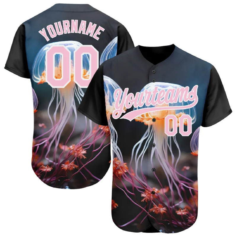 Baseball Jersey for Soft and Comfortable Fit-Custom Black Light Pink-White 3D Pattern Design Jellyfish Underwater Life Authentic Baseball Jersey