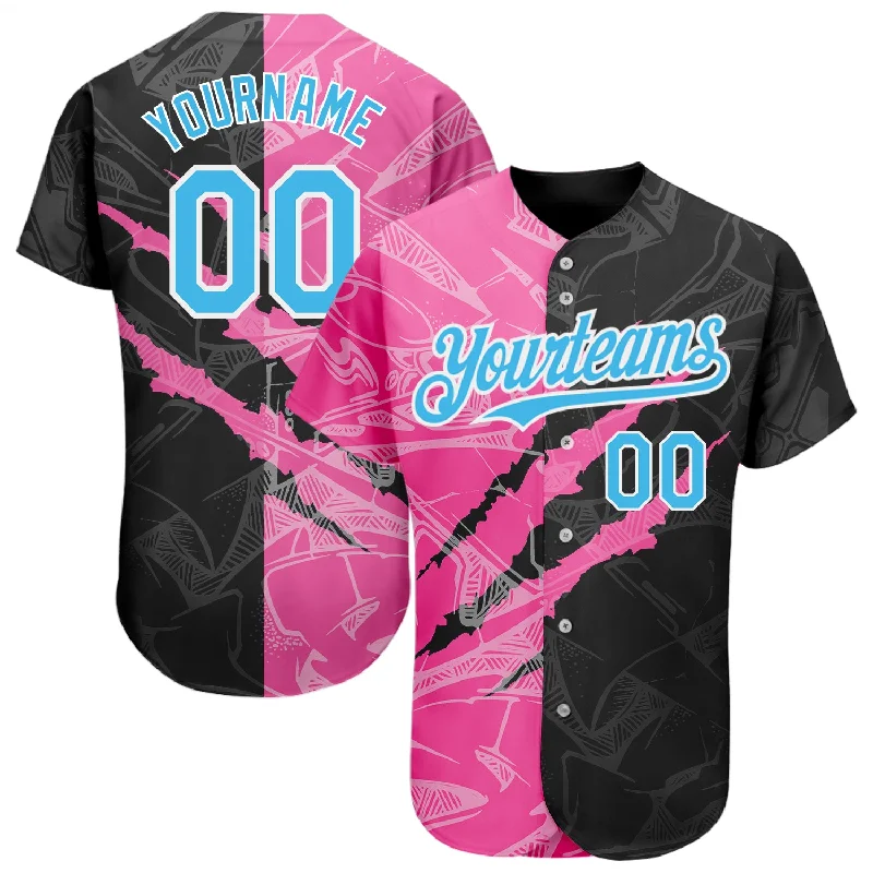 Baseball Jersey for Durable Material-Custom Graffiti Pattern Sky Blue Black-Pink 3D Scratch Authentic Baseball Jersey