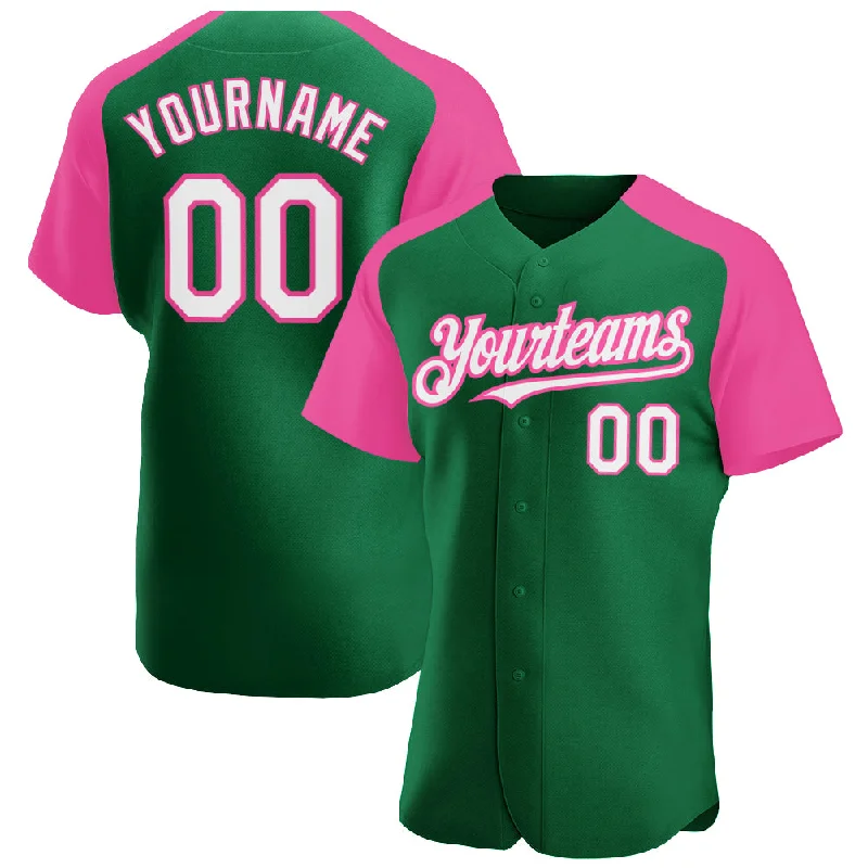 Baseball Jersey for Game Day Fan Gear-Custom Kelly Green White-Pink Authentic Raglan Sleeves Baseball Jersey